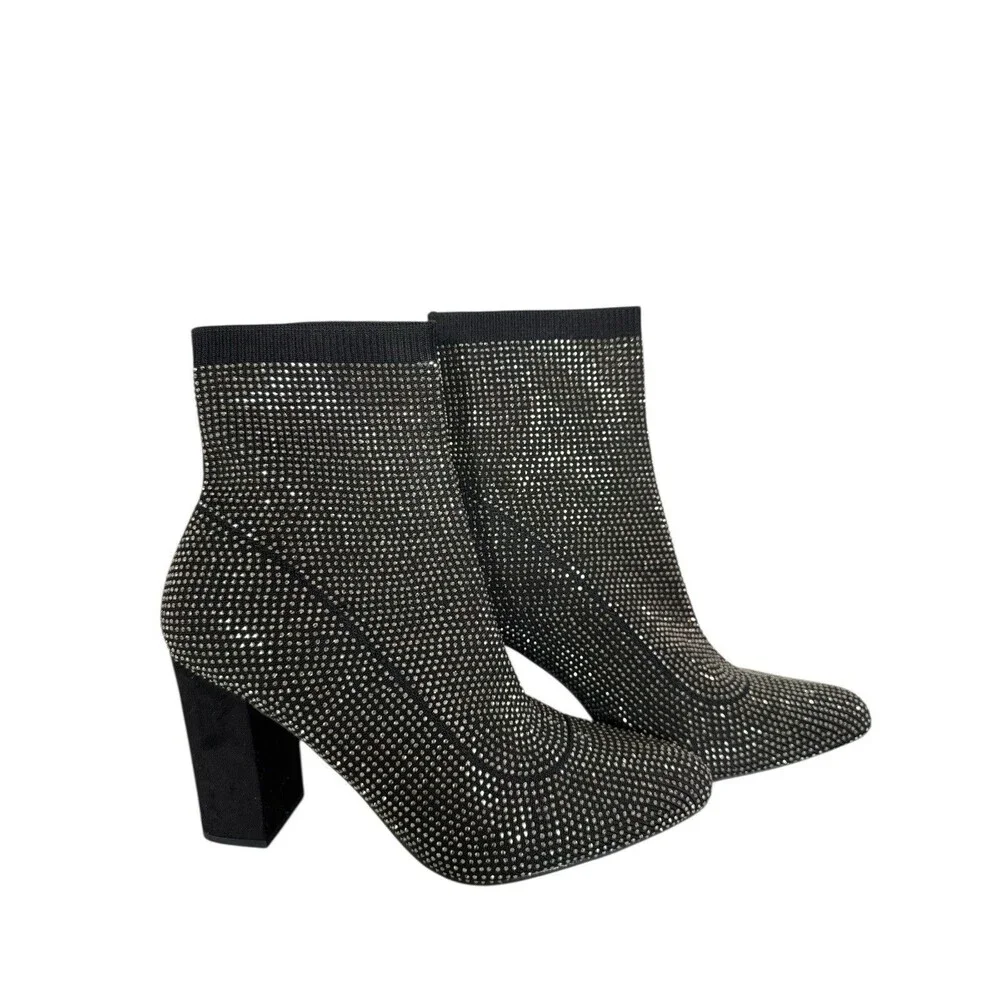 New Wild Pair Baybe Black Rhinestone Block Heel Sock Booties SZ 8 Glam Y2K Party